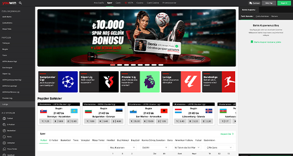 Youwin spor sayfası ekranında üst bölümde 10000 TL spor hoş geldin bonusu bannerı